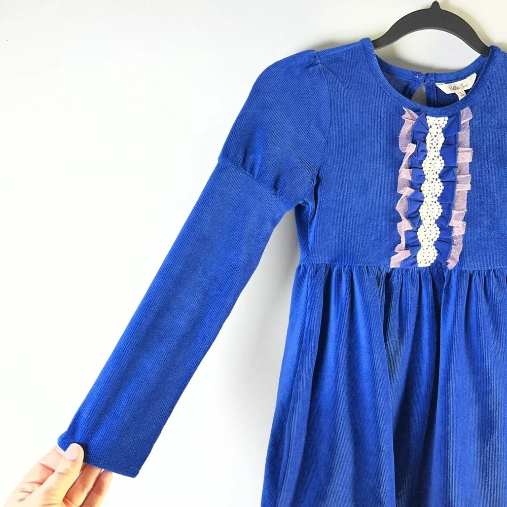 Matilda Jane Girls Sz 8 Blue Clara Heart to Heart Corduroy‎ Ruffle Tulle Dress
